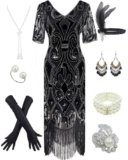 Women’s 1920s Gatsby Inspired Sequin Beads Long Fringe Flapper Dress w/Accessories Set