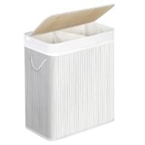 SONGMICS Cesto Portabiancheria, 100 L, Cesta Biancheria a 2 Scomparti in Bambù, Coperchio, Maniglie, Pieghevole, Sacco Rimovibile e Lavabile in Lavatrice, Lavanderia, Casa, Bagno, Bianco LCB64WT