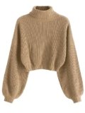 ZAFUL Women’s Cropped Turtleneck Sweater Lantern Sleeve Ribbed Knit Pullover Sweater Jumper (2-Tan, M)