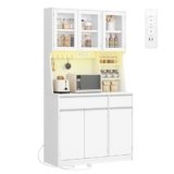 Hzuaneri Credenza cucina, mobile buffet, armadio domestico con multipresa e striscia luminosa a LED, piano di lavoro e 2 cassetti, ripiani regolabili, cucina, soggiorno, 40x100x180cm, Bianco