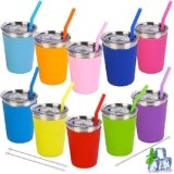 IEBIYO 10 Pack Kids Cups with Straws and Lids Spill Proof Toddlers Mugs with Colorful Silicone Sleeves Kids Stainless Steel Cups Smoothie Tumblers with Lids for Cold & Hot Drinks（12oz (10 Color)