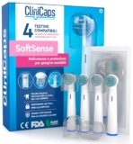 4 Testine Morbide Spazzolino Elettrico Ricambio Compatibile con Oral-B Setole Morbide per Gengive Sensibili CliniCaps SoftSense Colore Bianco Doppia Protezione Bustina Asettica e Cappuccio Protettivo