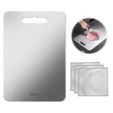 Tagliere in acciaio inossidabile 304, prodotti senza BPA antibatterici e sostenibili coperchio funzionante senza plastica tagliere da cucina 39x 28cm con strofinaccio in filo metallico antigraffio
