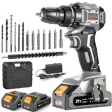 AKZWOXRO Trapano Avvitatore Batteria 21V, Brushless Avvitatore a Batteria con 2 Batterie da 2.0Ah, 45N.m di Coppia, 2 Velocità, 20+1 Coppia, 14 Accessori, Luce a LED, Per il fai da te, Grigio