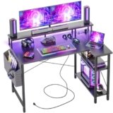 BEXEVUE Scrivania Angolo con LED Ciabatta – 120x70cm Grande Tavolino Computer Forma L Ripiani Portaoggetti, Scrivania Angolare Reversibile Gaming Informatica, Studio Gioco Lavoro Casa Camera da Letto