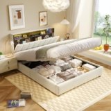 CJHXE Letto Contenitore Matrimoniale 160×200 cm con LED e USB, Struttura Letto King Size con Alzata a Gas Idraulica, Letto Imbottito, Beige