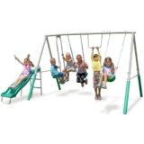 The Swing Company 600LBS Yonkers Metal Swing Set, Outdoor Backyard Playset Kids Aged 3-8 with 2 Swings, Glide Ride, Trapeze, 5ft Slide, Anchor Kit, 6ft Durable Steel Frame