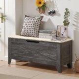 VECELO 43.3″ Storage Chest with Lift Top Storage, Farmhouse Style Ottoman with Handwoven Wicker Cushion, Safety Hinges, Ideal for Entryway, Bedroom, Living Room, Coal Gray