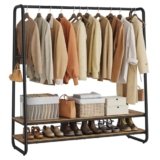 VASAGLE Stand Appendiabiti, Appendiabiti da Terra con 2 Ripiani, 6 Ganci Laterali a S, Struttura in Acciaio, 45 x 138 x 160 cm, Camera da Letto Corridoio, Marrone Vintage e Nero RGR119B01