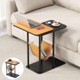 Leather Small Side Table, Narrow C Shaped End Table Slim Nightstand for Sofa/Couch and Bedside,Metal Base Thin Laptop Tv Coffee Tray for Living Room Bedroom Small Spaces, Dinner Snack Tea(Walnut-1)