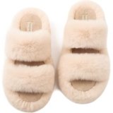 FamilyFairy Women’s Fluffy Faux Fur Slippers Comfy Open Toe Two Band Slides with Fleece Lining and Rubber Sole(7-8, Beige)