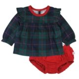 HonestBaby Long Sleeve Ruffle Shoulder Top with Bloomer Set, Black Watch Plaid, 3-6 Months