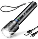 REHKITTZ Torcia LED Ricaricabile,2200 Lumen (Batteria Incorporata di Grande Capacità), Torcia Potente con Visualizzazione della Potenza, 5 Modalità di Illuminazione, Zoomabile(1 Pezzo)