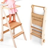 Goodevas Torre di apprendimento in legno Montessori salvaspazio : scala pieghevole in pelle, sgabello per bambini, scala pieghevole per bambini, scala di apprendimento con protezione antiribaltamento