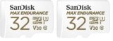 SanDisk MAX ENDURANCE Video Monitoring for Dashcams & Home Monitoring 32 GB microSDHC Memory Card + SD Adaptor 15,000 Hours Endurance, White (Confezione da 2)