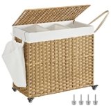 SONGMICS Cesto Portabiancheria con Coperchio, 160L, Cesta Biancheria in Rattan Sintetico con Ruote, 3 Scomparti, Sacco Rimovibile, Lavanderia Camera da Letto, 70 x 36 x 66 cm, Naturale LCB365N01