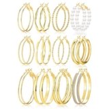 Gold Hoop Earrings Set for Women, 12 Pairs Hypoallergenic Large/Big Thin Thick Gold Hoops Earrings Loop Pack for Birthday Party 40mm/50mm