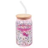 Silver Buffalo Sanrio Hello Kitty Neon Fruits Rainbows and Hearts Pattern Glass Jar Tumbler with Bamboo Lid and Glass Straw, 16 Ounces