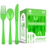 150 Pack Plastic Silverware,Disposable Cutlery Set Heavy Duty Utensil Sets 50 Forks 50 Knives 50 Spoons for Brithday, Wedding,Home Office School Party Picnics (Green Clear)