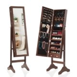 Sweetcrispy Freestanding Jewelry Armoire Cabinet, 47.3-Inch Full Length Jewelry Organizer Standing Mirror, Tall Lockable Large Capacity Makeup Organizer Storage, Velvet Lining, 3 Angles, Rustic Brown