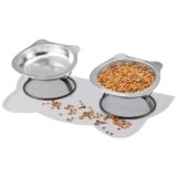Elevated Cat Bowls with Food Mat & Metal Stand – 7.1″ Wide Stainless Steel Whisker Friendly Dishes, 15° Tilt for Cats/Kittens/Small Dogs, Indoor/Outdoor & Travel Use (2-Pack) HBGmao-hao