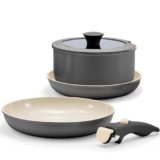 Vkoocy Non Stick Pots and Pans Set with Removable Handle, Ceramic Cookware Set Detachable Handle, 5pcs Induction Kitchen Camping Stackable Pots Pans, Dishwasher/Oven Safe, Black, PTFE/PFOA/PFAS-Free