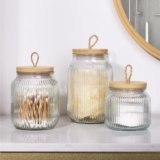 Navaris Bathroom Storage Ribbed Glass Canister Set of 3 – Multipurpose & Airtight for Cotton Wool Ear Buds, Pads, Q Tips, & Make Up – Organiser for Vanity & Dressing Table Decor