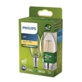 Philips Classic ultra-efficient LED bulb with energy efficiency class A, E14 base, replaces 40W, clear, warm white light, candle shape, pack of 2