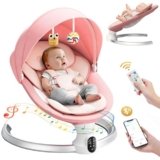 Brolteja Sdraietta Elettrica neonato 0-9 kg, Dondolo con Telecomando e Bluetooth, 5 Ampiezza Dondolio e Cintura Sicurezza 5 Punti, Rete Insetti (Rosa)