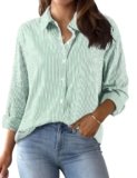 Xnova Camicetta a Righe da Donna con Bottoni, Elegante Magliette a Maniche Lunghe in Cotone, Classica Casual Blusa con Colletto e Tasca Camicia Tops da Ufficio Lavoro (Verde, S)
