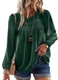 TUUHAW Camicia Donna Manica Lunga Autunno Boho Maniche Lunghe Top con Scollo Rotondo Punto Svizzero Taglie Forti Bluse Elegante T-Shirt Maglietta Casual Maglie con Bordi in Pizzo Verde Bottiglia 3XL