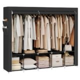 SONGMICS Guardaroba, Armadio Portatile, 5 Barre Appendiabiti, Ripiani, 4 Tasche Laterali, 45 x 211 x 167 cm, Grande Capienza per Camera da Letto, Soggiorno, Nero Inchiostro RYG095B01