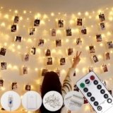 Microwear 10M 100LED Luci per Foto,8 Modalità,USB o Alimentato a Batteria, Porta Foto Mollette,Lucine Led Decorative per Camere,Per Feste Decorative,Matrimonio(50 Clip & 25 Chiodi) (Bianco Caldo)
