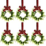 Yilloog 6 Pcs Christmas Kitchen Cabinet Wreaths Decorative Boxwood Wreaths with Ribbon Artificial Greenery Farmhouse for Decorating Front Door Window Party(Red Black Plaid with Linen)