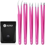 Alfaly Tweezers Set – Professional Stainless Steel 5-Piece Precision Tweezer for Men & Women – Great for Facial Hair Removal, Eyebrow Shaping, Splinters & Ingrown (Pink)
