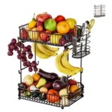 ANJUBAN Heavy 2 Tier Fruit Basket for Kitchen Counter，with Side Storage Basket，Upgraded with 8 Banana Hangers, Detachable Metal Fruit Bowl for Kitchen countertop for Fruit and Vegetable Storage