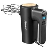 Bestron Potente mixer manuale con 6 livelli, funzione turbo e display LCD, agitatore con 2 fruste e 2 ganci per impastare, peso leggero di 1 kg, colore: nero/legno