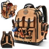Backpack Tool Bag – LOKASS Tool Backpack Heavy Duty Tool Organizer, Water-resistant HVAC Tool Backpack Electrician Tool Box with Molded Base Tan Brown