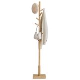 VASAGLE Attaccapanni, Appendiabiti da Terra in Legno, 8 Ganci, per Cappotti Cappelli Borse, per Ingresso, Ganci e Palo in Legno di Gomma, Beige Naturale RCR010N01