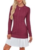 Angashion Womens Cable Knit Sweater Mini Dress: Crewneck Long Sleeve Fall Winter Sweater Dress Wine Red Large