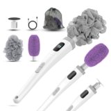 Electric Body Brush Back Scrubber for Shower, Waterproof Long Handle Power Body Scrubber with 3 Heads & 2 Speeds, Rechargeable Bath Brush for Cleansing, Exfoliating, Massaging and Foot Callus Remover