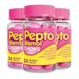 Pepto Bismol Chews, Upset Stomach Relief, Nausea Relief, Heartburn Relief, Indigestion Relief, Anti Diarrhea Medication for Adults – 5 Symptom Fast Relief, 72 Chewable Tablets (3×24 ct)