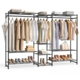 SONGMICS Stand Appendiabiti, Guardaroba Aperto, Armadio con 10 Ripiani, 3 Aste Appendiabiti, 4 Ganci a S, Metallo, per Camera da Letto Soggiorno Ingresso, Nero LGR011BZ01