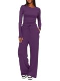 Darong Lounge Sets for Women 2 Piece Vacation Outfits Long Sleeve Tops with Side Ruched Wide Leg Pants Matching Sets 9065A Purple XS