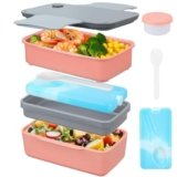 Globright Bento Lunch Box Adult, 3 Stackable Lunch Containers for Adult Kids Men Women, Leak-Proof Built-in Utensil Set Reusable Ice Pack (pink)