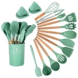15-Piece Silicone Wooden Handle Kitchen Utensils Set, Cooking Tools with Holder, Kitchen Gadgets for Non-Stick Cookware