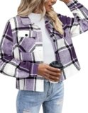 Zeagoo Flannel Shirts for Women Cropped Plaid Jacket Shacket Fashion Winter Button Down Purple Jackets Coat