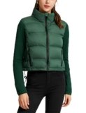 Ynhonra Womens Long Sleeve Patchwork Puffer Jacket Quilted Crew Neck Zip Up Coat with Pockets(Green-M)