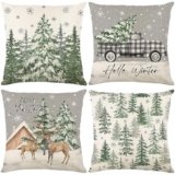 Ni-JASW Christmas Throw Pillow Covers 18×18 inch Set of 4, Snowflakes Truck Deer Forest Tree Winter Xmas Pillow Cases for Couch Sofa Holiday Decor