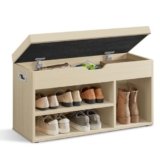 VASAGLE Scarpiera Panca Ingresso, Panca Contenitore con Cuscino Imbottito, 3 Scomparti, Ripiani, Soggiorno Corridoio Camera da Letto, Portata 136 kg, Beige Naturale LHS030K02